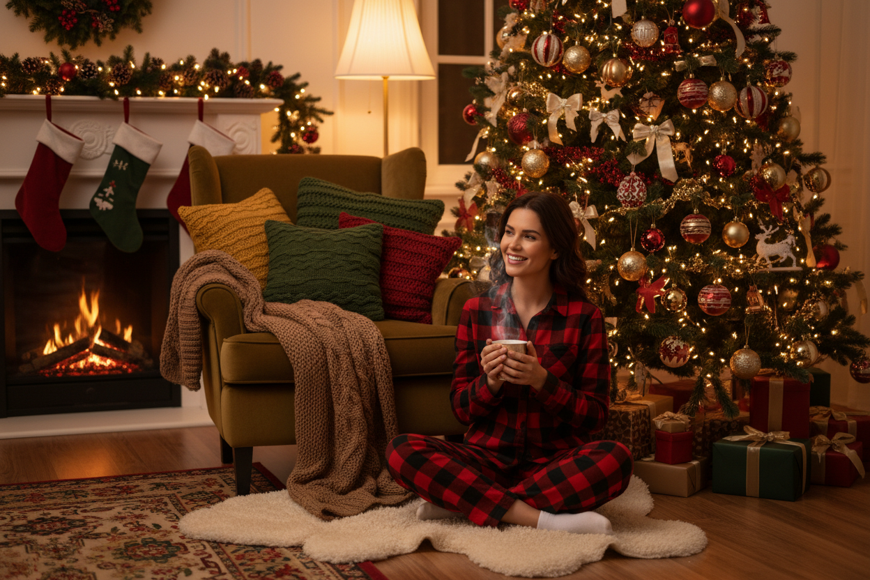 women wearing christmas red Plaid sitting in a cozy place beside the christmas tree in her house